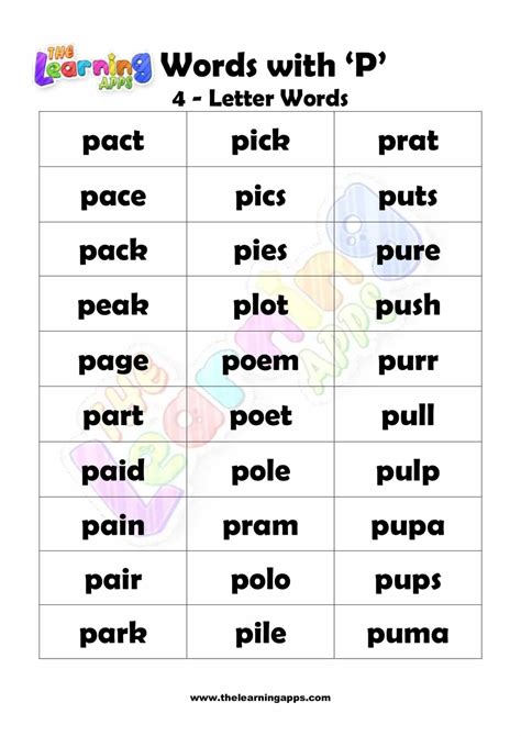 Download free printable 4 LETTER WORD STARTING WITH P