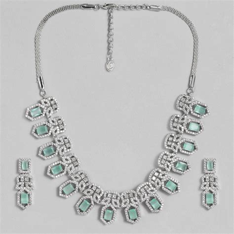 Buy Estele Rhodium Plated CZ Shimmering Necklace Set with Mint Green ...