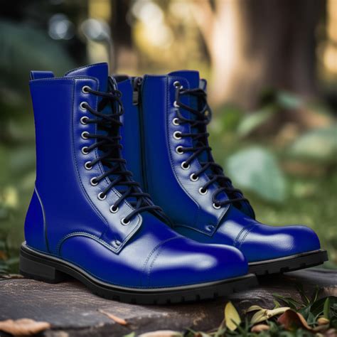 Blue Leather Belinda Chunky Hiking Combat Lace Up Zipper Boots ...