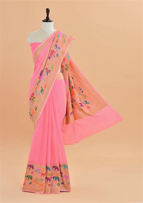 Peach Plain Saree in Georgette – Ratanshi Kheraj Sarees Pvt. Ltd.