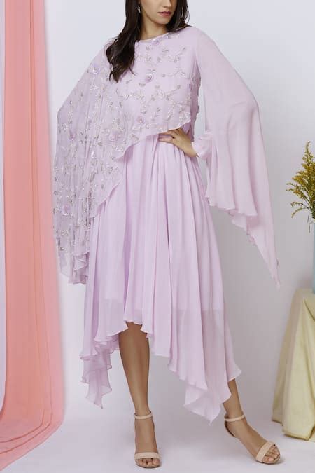 Buy Purple Georgette Round Neck Asymmetric Dress With Cape For Women by ...