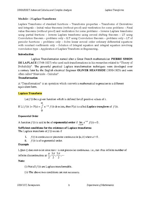 18MAB102T Advanced Calculus & Complex Analysis: Unit 3 - Laplace ...