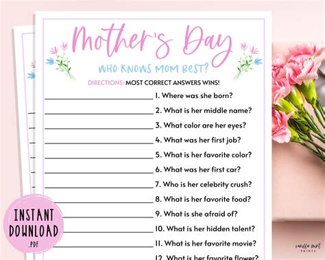 Free Printable Who knows Mom best? Mother's Day Game