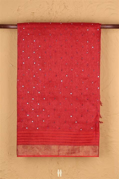 Linen Saree In Scarlet Red With Mirror Work Buttis