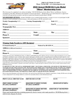 Fillable Online 2022 Annual RUSH Dirt Late Model "Minor" Membership ...