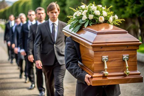 Religion death and dolor coffin bearer carrying casket at funeral to ...