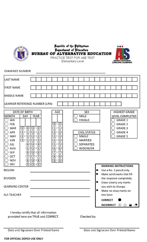AEPractice Test AS EL - answer sheet - Bachelor of Elementary Education ...