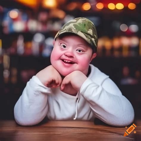 Down's syndrome man wearing camo cap and white hoodie sitting at a bar and smiling on Craiyon