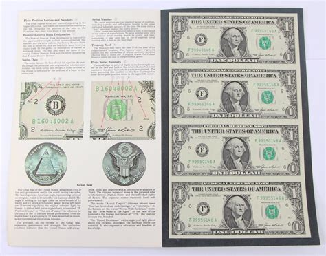 1985 Uncut Sheet of 4 $1 One Dollar Bills Currency Federal Reserve Note ...