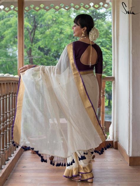 Off White Mulmul Cotton Saree For Onam|Megham|Suta