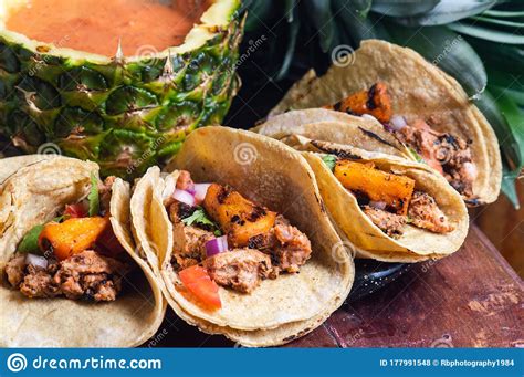 Tijuana Tacos Al Pastor with Spicy Salsa, Mexican Food Stock Photo ...