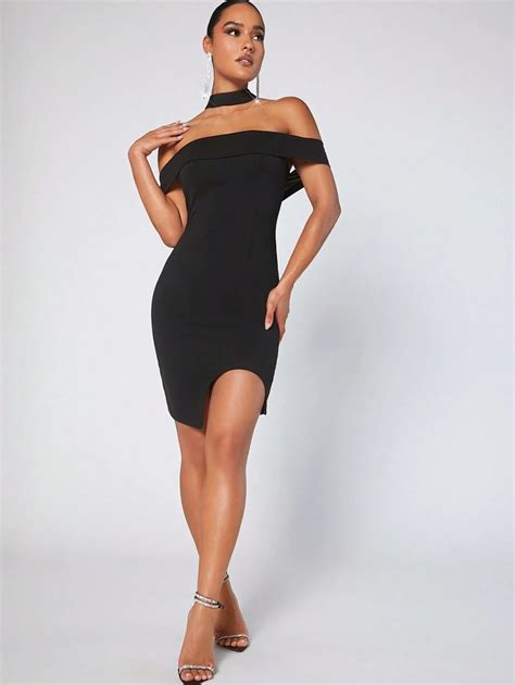 Hauture Neck Detail Off Shoulder Split Dress | SHEIN USA