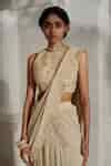 Buy Ivory Georgette, Satin Embroidery, Sequins, Tiered Pre-draped Saree ...
