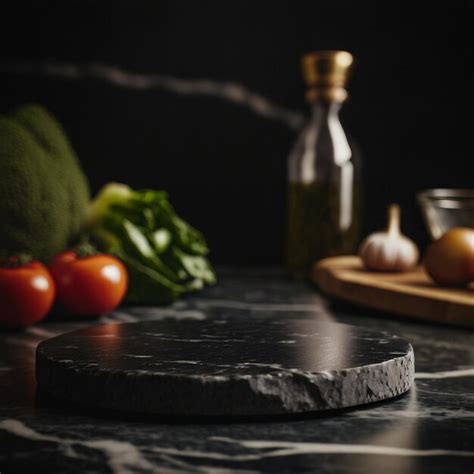 Empty black surface stone for display food on marble kitchen tabletop ...