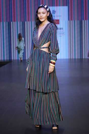 Buy Black Crepe, Linen Plunge Neck Athena Striped Cut-out Dress For ...