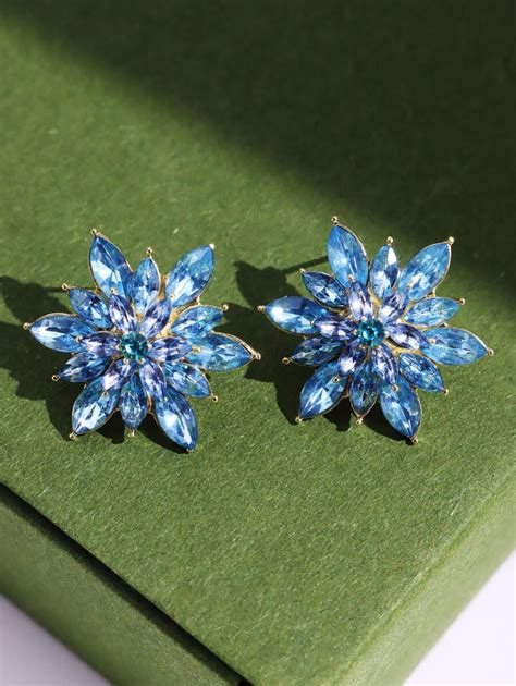 1pair Blue Luxury Exaggerated Snowflake Shaped Rhinestone Stud Earrings ...