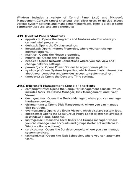 Windows .cpl and .msc Shortcuts Guide | PDF | Computers