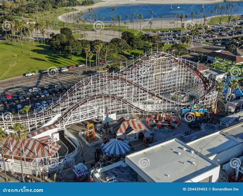 Aerial View of Iconic Giant Dipper Roller Coaster in Belmont Park, San Diego, California ...