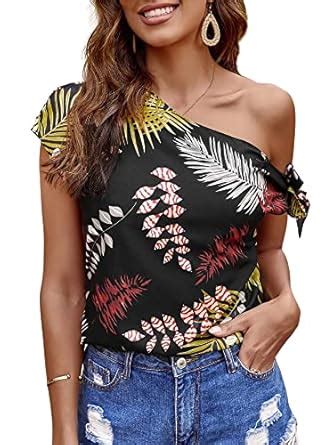 Laqeyko Women One Shoulder Tops Floral Short Sleeve Summer Casual Tie ...