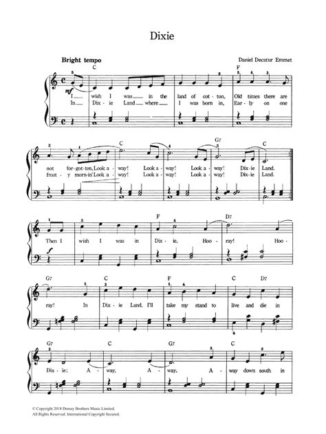 Dixie by Daniel Decatur Emmett Sheet Music for Piano & Vocal at Sheet ...