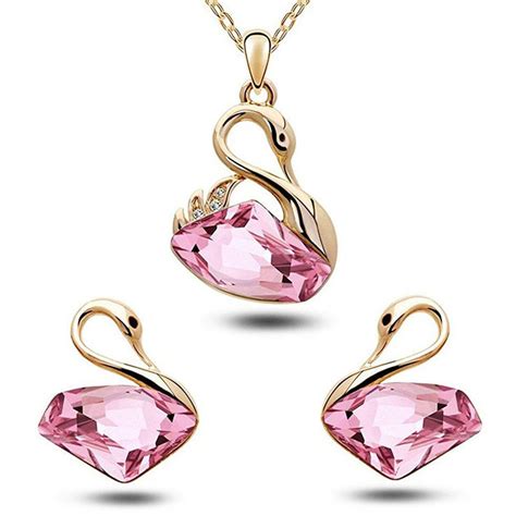Buy Peora Cute Swan Pink Crystal Pendant Necklace Set with Earrings for ...