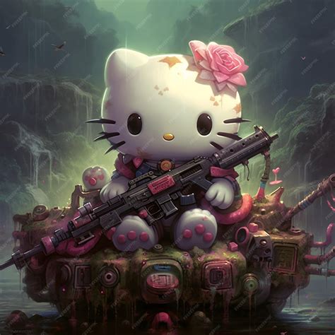 Premium Photo | There is a hello kitty with a gun sitting on a tank ...