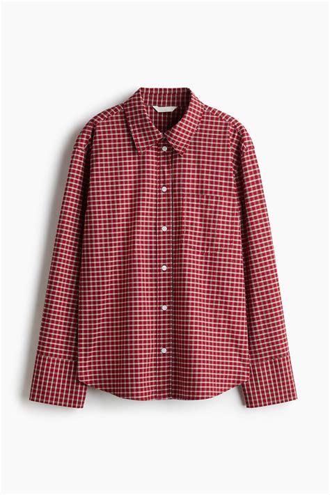 Cotton poplin shirt - Red/Checked - Ladies | H&M IN