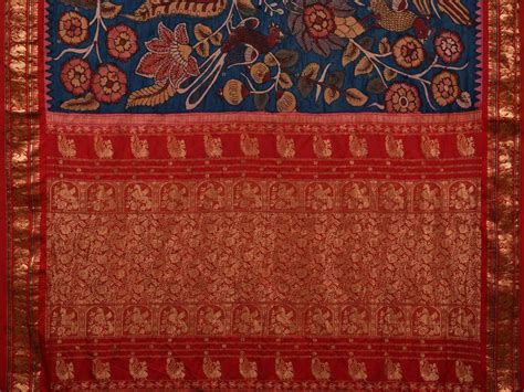 Blue and Red Kalamkari Hand Painted Kanchipuram Silk Handloom Saree wi ...