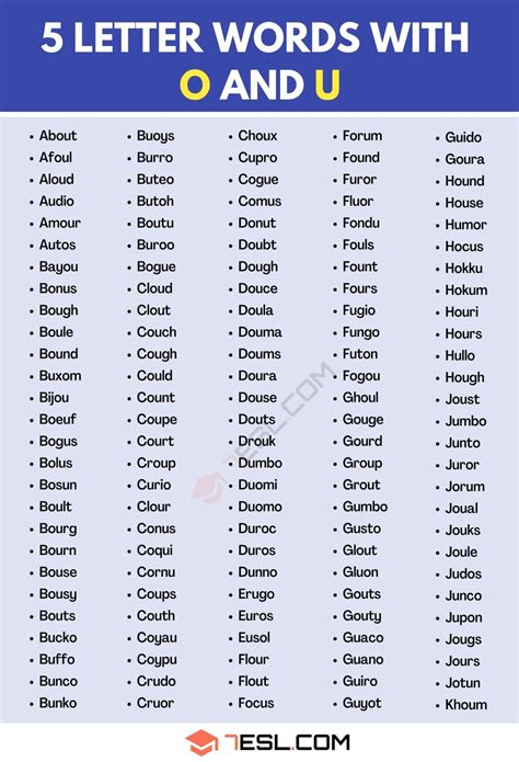 5 Letter Words with O and U (350+ Words in English) • 7ESL