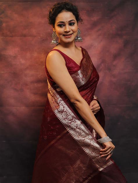 Banarasee Organza Floral Embroidery Sequin Work Saree-Maroon
