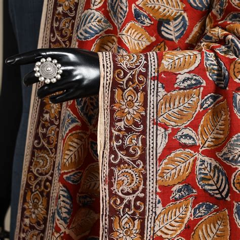 Red Pedana Block Print Natural Dyed Cotton Kalamkari Dupatta