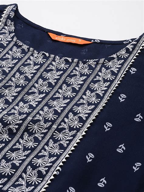 Indo Era Navy Blue Embroidered A-line Kurta Trouser With Duapatta Set ...