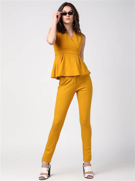 Women's Mustard Yellow Coordinated Peplum Top and Pants Set – Stylestone