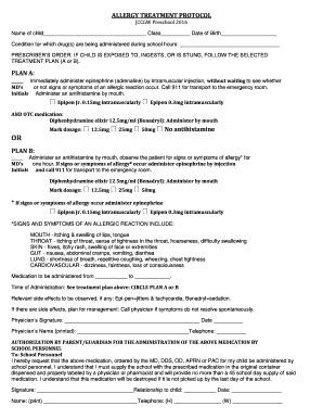 Fillable Online jccgw ALLERGY TREATMENT PROTOCOL JCCGW Preschool 2016 ...