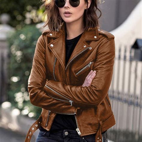 ATIXEL Women Cool Faux Leather Jacket Long Sleeve Zipper Fitted Coat ...