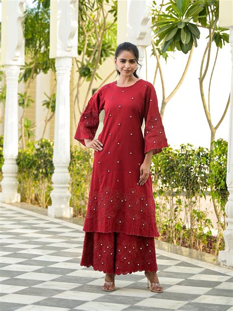 Vaami - Scallop Kurta & Palazzo (Deep Maroon) – RusticWeave