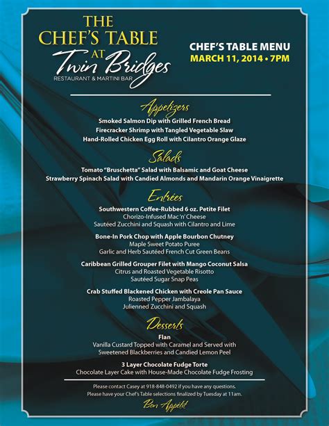 Menu for Chef's Table at Twin Bridges