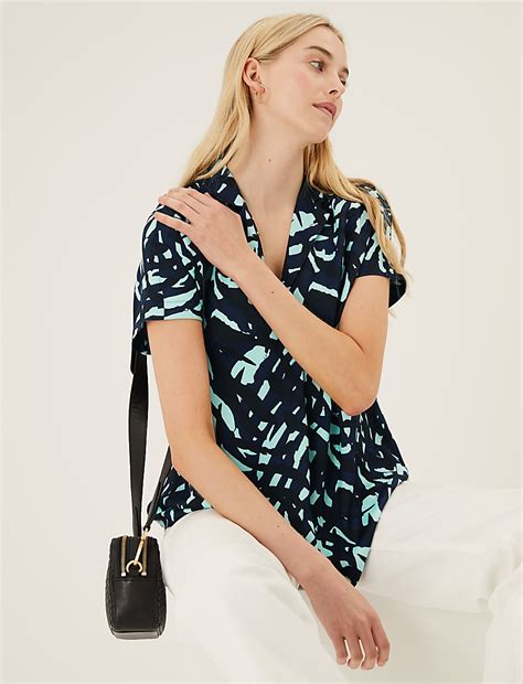 Buy Printed Short Sleeve Popover Blouse at Marks & Spencer
