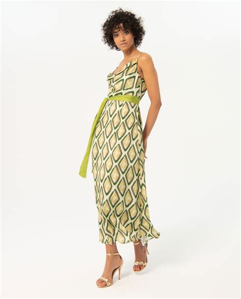 Printed satin long dress Green Color Green Sizes XS