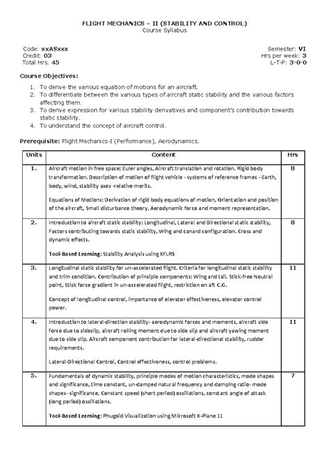 FLIGHT MECHANICS II - Stability and Control Syllabus - Studocu