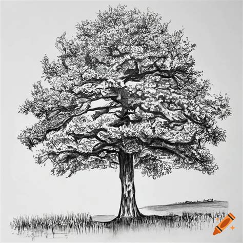 Detailed black and white ink drawing of a large oak tree on Craiyon