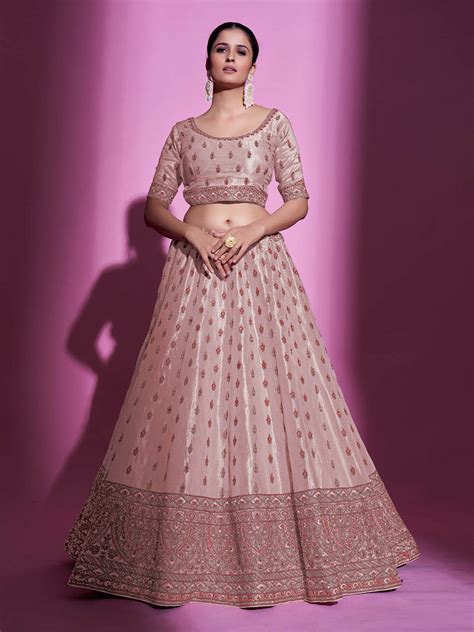 Peach Silk Blend Embroidered Semi Stitched Lehenga With Unst