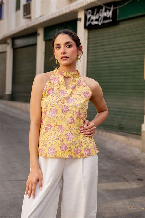 Mul Cotton Halter Neck Cutout Top – Secret Garden – Ray Ethnic