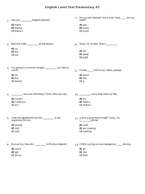 Image result for Printable English Level Test