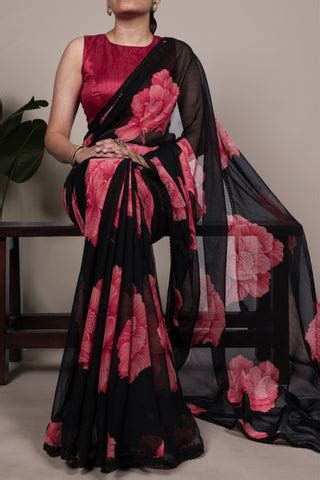 Floral Chiffon Saree With Lace Border Explore Acriine Ethnic Collectio ...