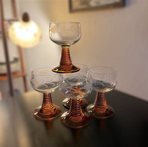 Set of 5 Roemer Etched Amber Wine Glasses | Mid Century Amber Glassware ...