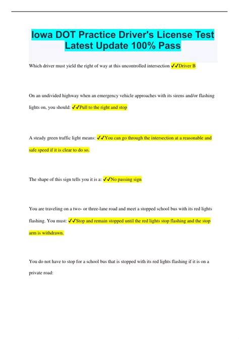 Iowa DOT Practice Driver's License Test Latest Update 100% Pass - Iowa ...