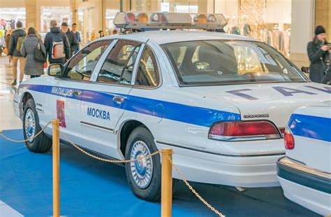 Moscow, Russia - November 23, 2017 Soviet Union and Russian police car Ford Crown Victoria ...