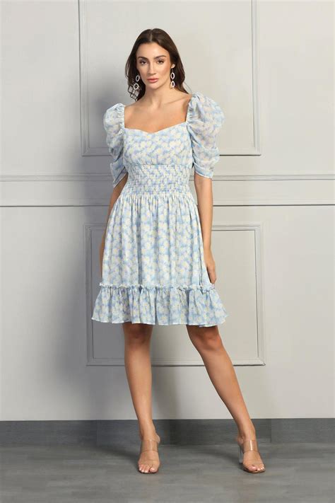 Blue Floral Sweetheart Puff Sleeve Dress – Starin