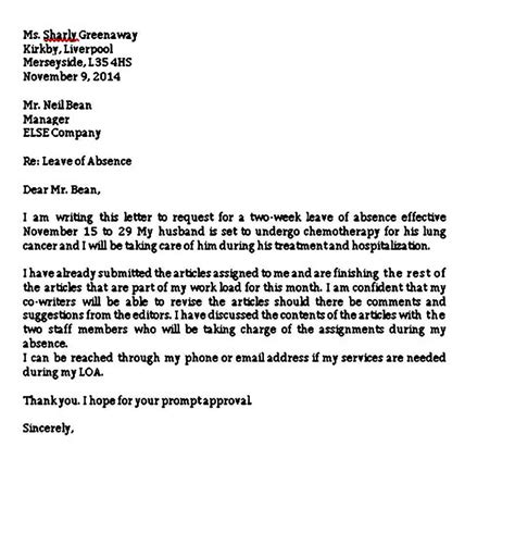 Leave Of Absence Letter Template - prntbl.concejomunicipaldechinu.gov.co